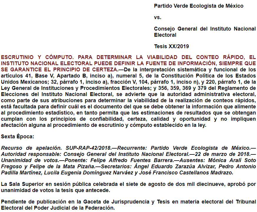 Tesis XX/2019: Escrutinio y cómputo. Para determinar la viabilidad del conteo rápido, el INE puede definir la fuente de información, siempre que se garantice el principio de certeza.