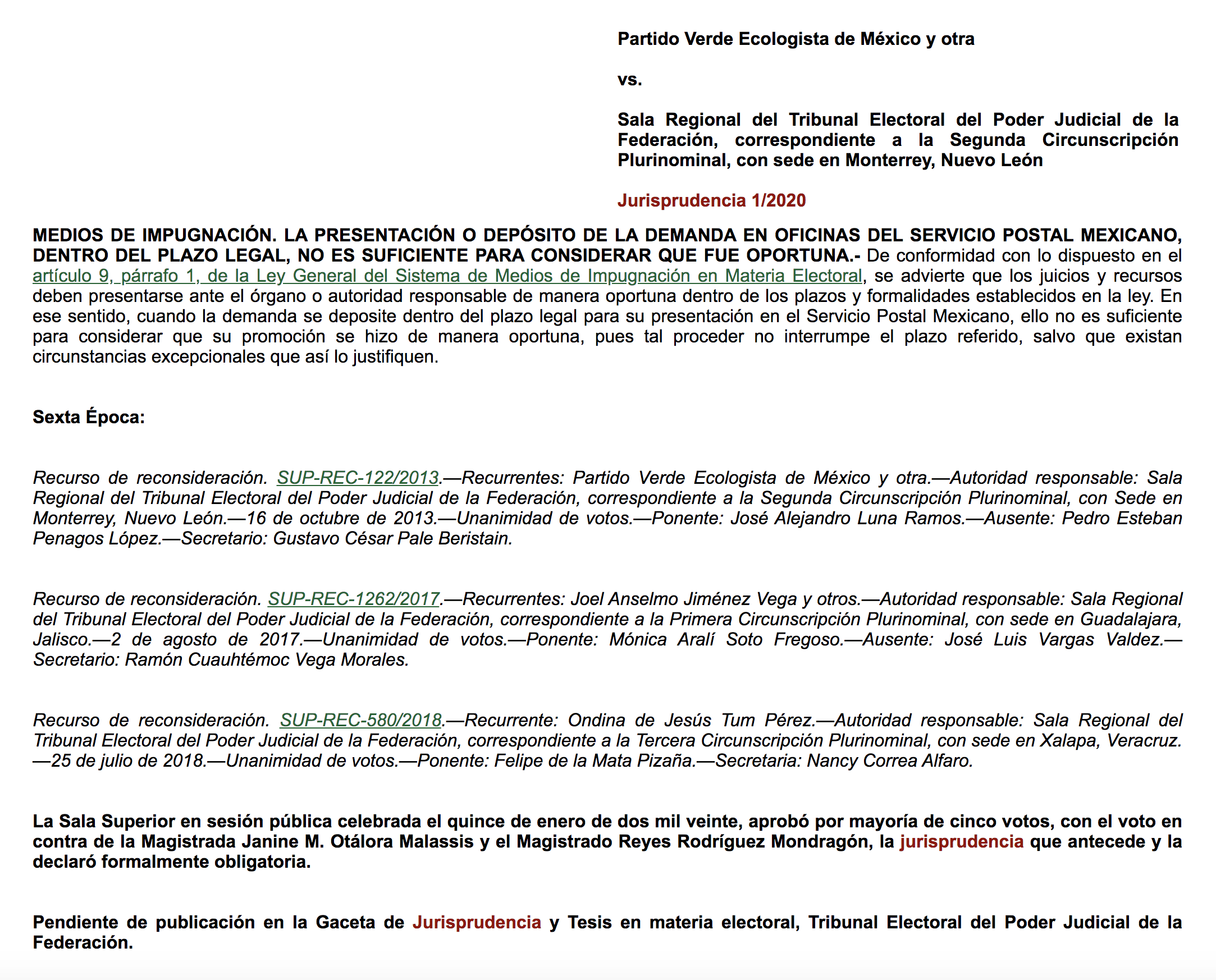 MEDIOS DE IMPUGNACIÓN. LA PRESENTACIÓN O DEPÓSITO DE LA DEMANDA EN OFICINAS DEL SERVICIO POSTAL MEXICANO, DENTRO DEL PLAZO LEGAL, NO ES SUFICIENTE PARA CONSIDERAR QUE FUE OPORTUNA.