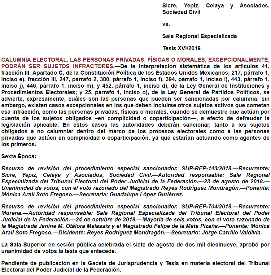 Tesis XVI/2019: Calumnia Electoral. Las personas privadas, físicas o morales, excepcionalmente, podrán ser sujetos infractores.