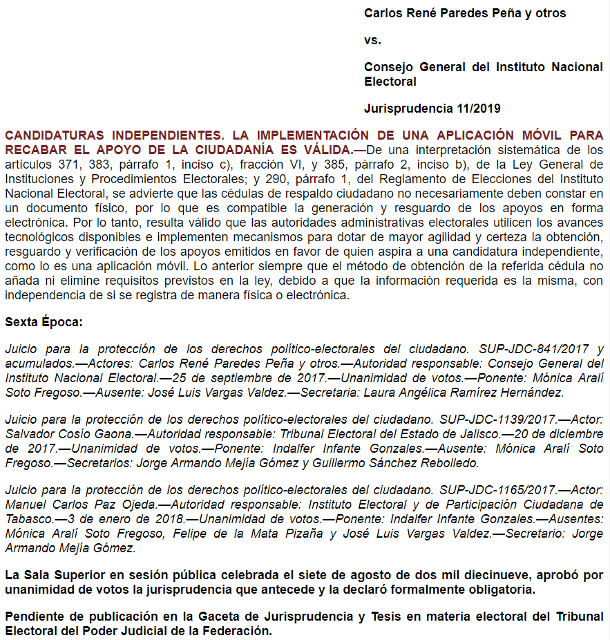 Jurisprudencia 11/2019: Candidaturas Independientes. La implementación de una aplicación móvil para recabar el apoyo de la ciudadanía es válida.