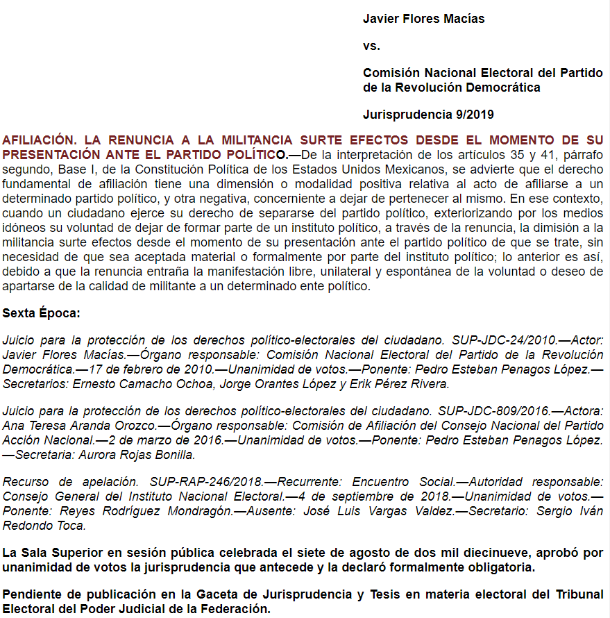 Jurisprudencia 9/2019: Afiliación. La renuncia a la militancia surte efectos desde el momento de su presentación ante el partido político.