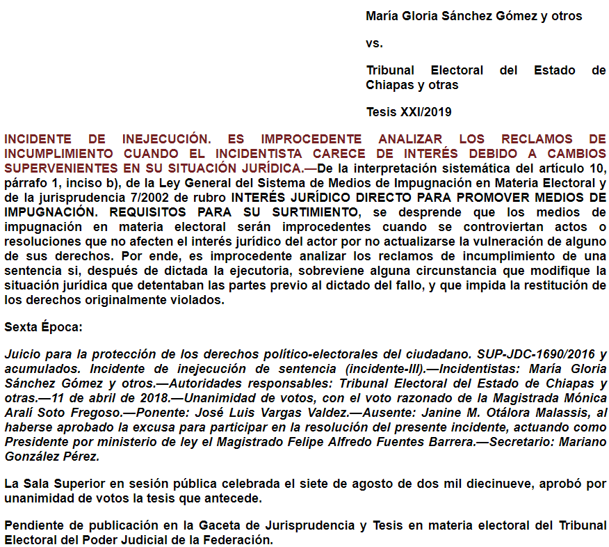 Tesis XXI/2019: Incidente de inejecución. Es improcedente analizar los reclamos de incumplimiento cuando el incidentista carece de interés debido a cambios supervenientes en su situación jurídica.