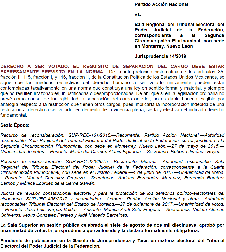 Jurisprudencia 14/2019: Derecho a ser votado. El requisito de separación del cargo debe estar expresamente previsto en la norma.