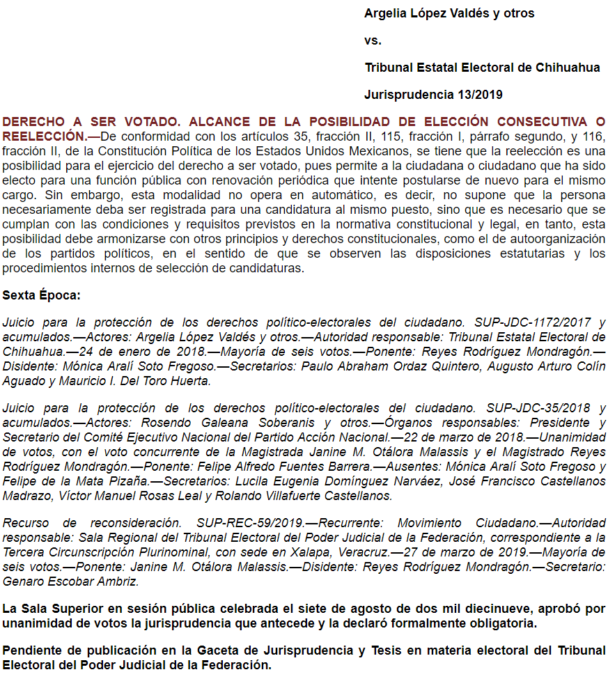 Jurisprudencia 13/2019: Derecho a ser votado. Alcance de la posibilidad de elección consecutiva o reelección.