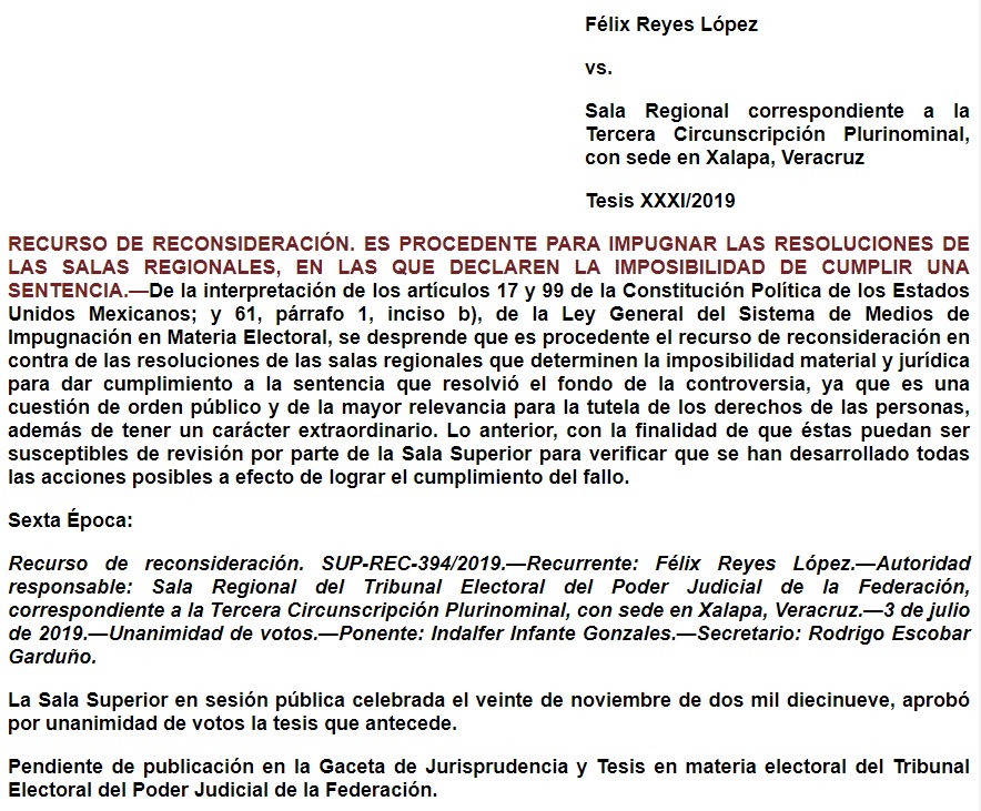 Tesis XXXI: RECURSO DE RECONSIDERACIÓN. ES PROCEDENTE PARA IMPUGNAR LAS RESOLUCIONES DE LAS SALAS REGIONALES, EN LAS QUE DECLAREN LA IMPOSIBILIDAD DE CUMPLIR UNA SENTENCIA.