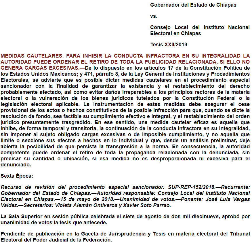 Tesis XXII/2019: Medidas Cautelares. Para inhibir la conducta infractora en su integralidad la autoridad puede ordenar el retiro de toda la publicidad relacionada, si ello no genera cargas excesivas.