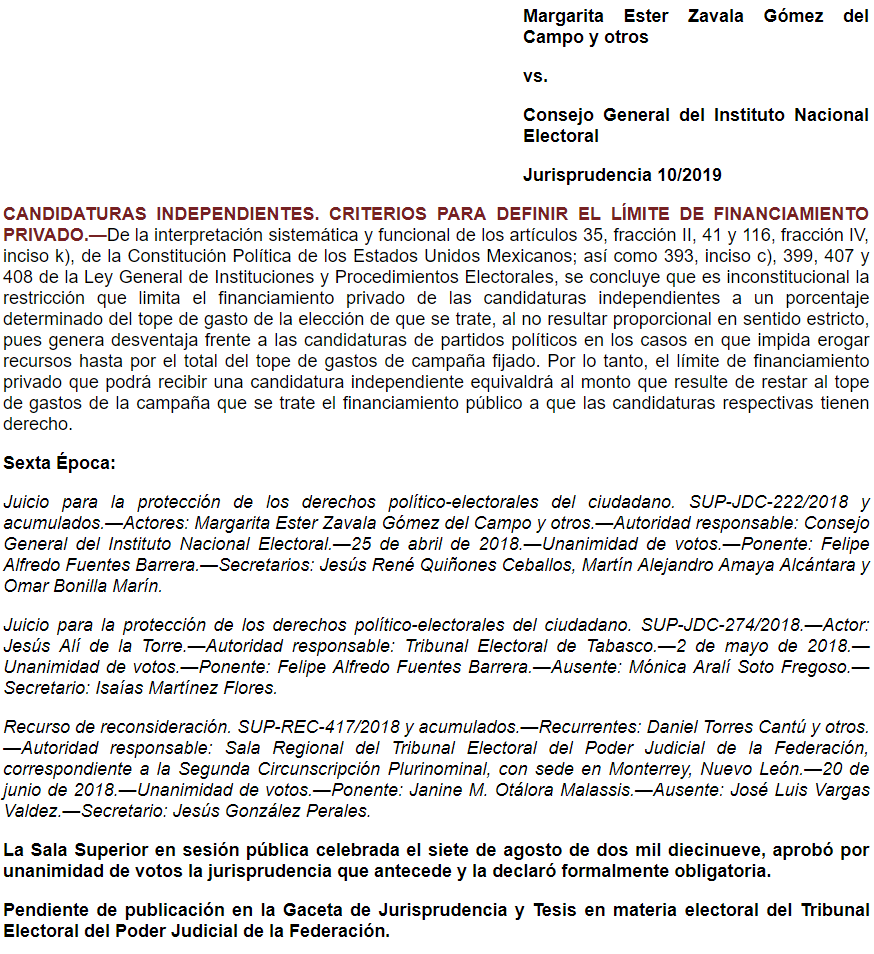 Jurisprudencia 10/2019: Candidaturas Independientes. Criterios para definir el límite de financiamiento privado.