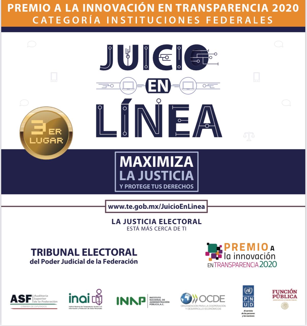 Por Juicio en Línea, el TEPJF gana el tercer lugar en la categoría de “Instituciones Federales” del Premio a la Innovación en Transparencia 2020