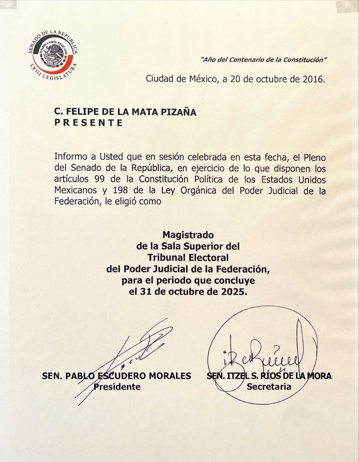 constancia_senado Dr. Felipe de la Mata Pizaña